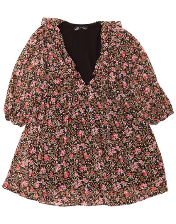 Zara Damen-Kleid in A-Linie mit 3/4-Ärmeln, Gr. 10, Größe S, mehrfarbig, mit Blumenmuster