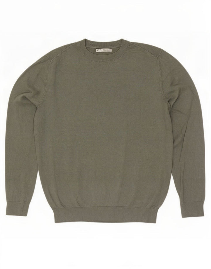 Zara Herren-Pullover mit Rundhalsausschnitt, mittelgroße Khaki-Viskose
