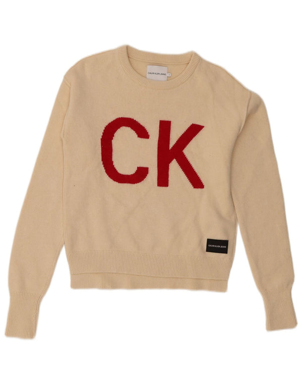 Calvin Klein Mädchen-Pullover mit grafischem Rundhalsausschnitt, 13–14 Jahre, Beige