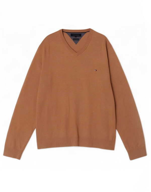 Tommy Hilfiger Herren-Pullover mit V-Ausschnitt, XL, braune Baumwolle