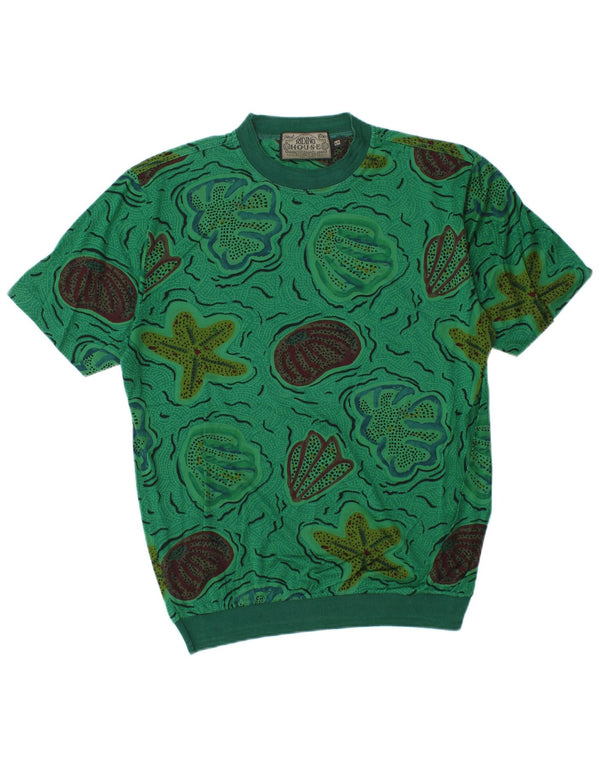 VINTAGE Mens Abstract Pattern T-Shirt Top Small Green Cotton