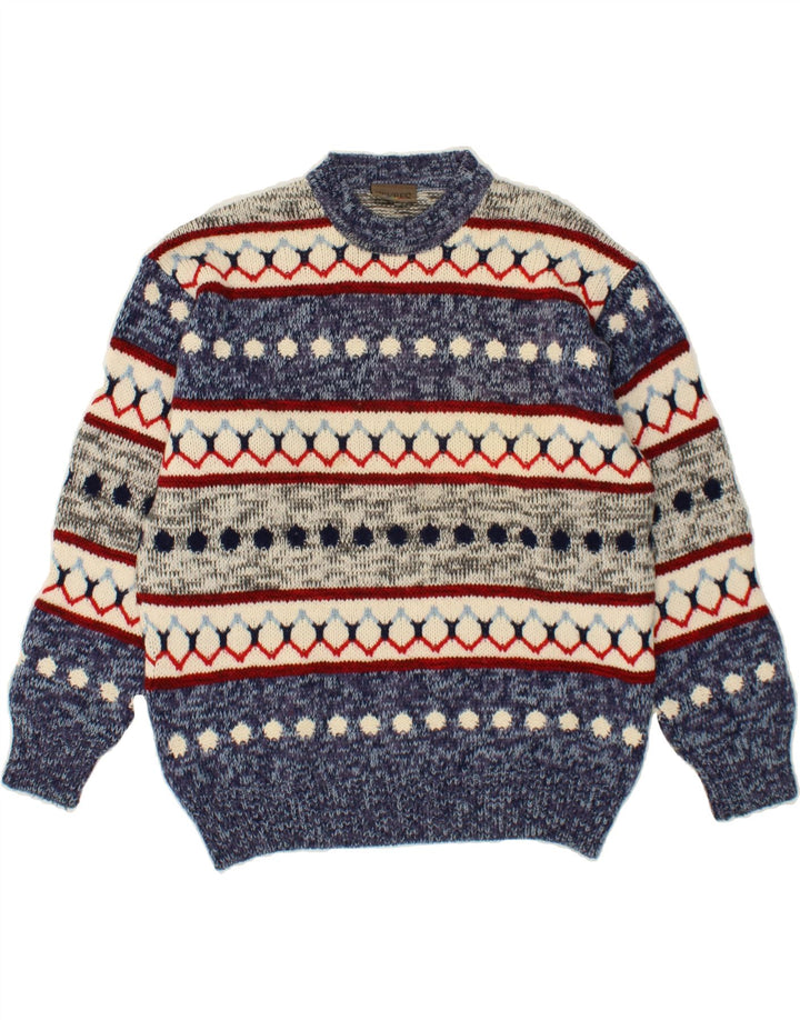 SEVRES Herren-Pullover mit Rundhalsausschnitt, IT 50, mittelblaue Fair-Isle-Wolle