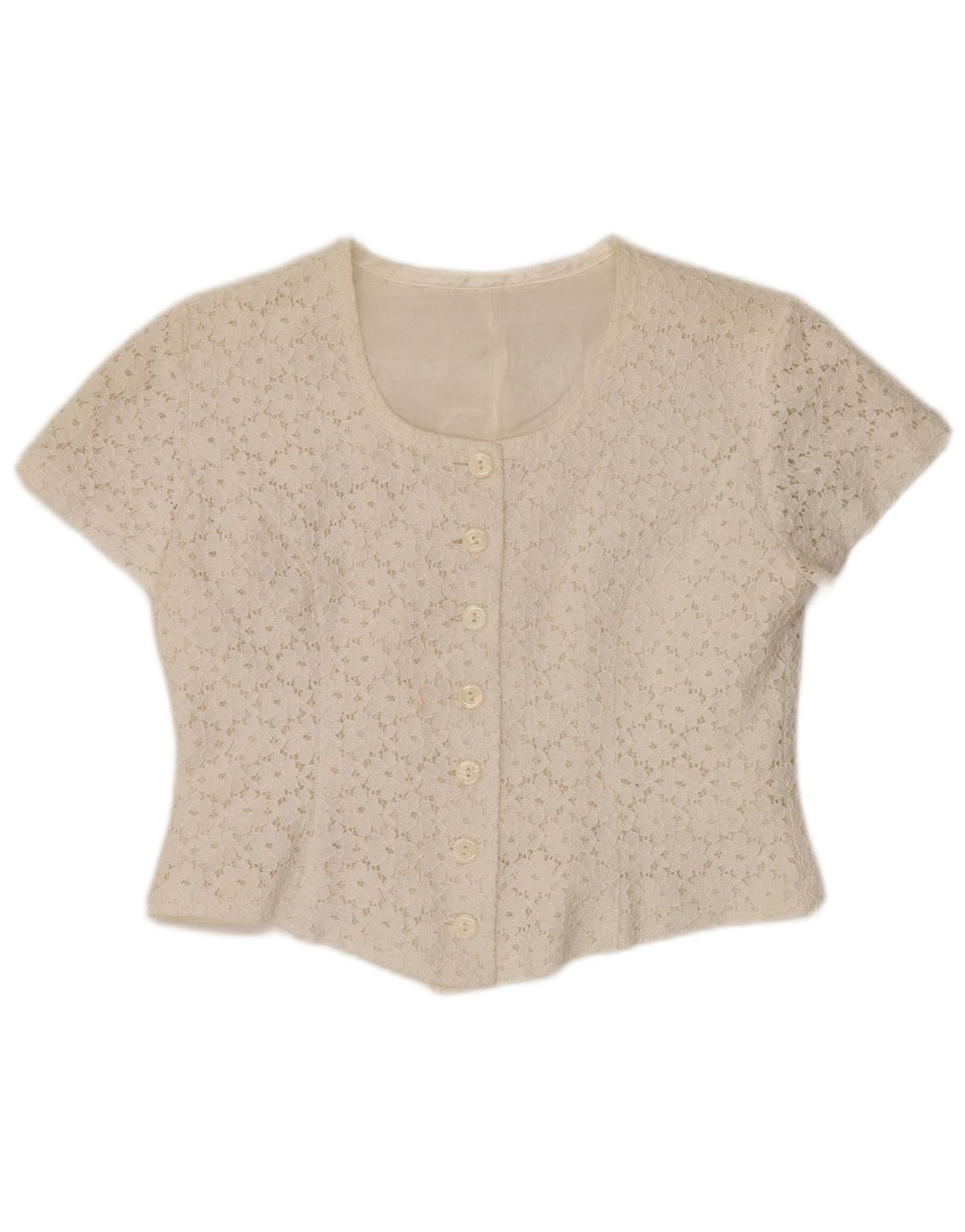 VINTAGE Damen Crop Kurzarm-Hemdbluse IT 46 Large Off White Floral