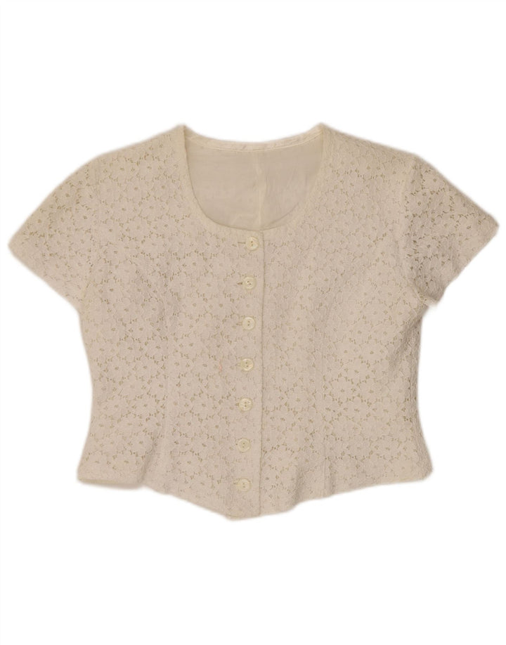 VINTAGE Damen Crop Kurzarm-Hemdbluse IT 46 Large Off White Floral