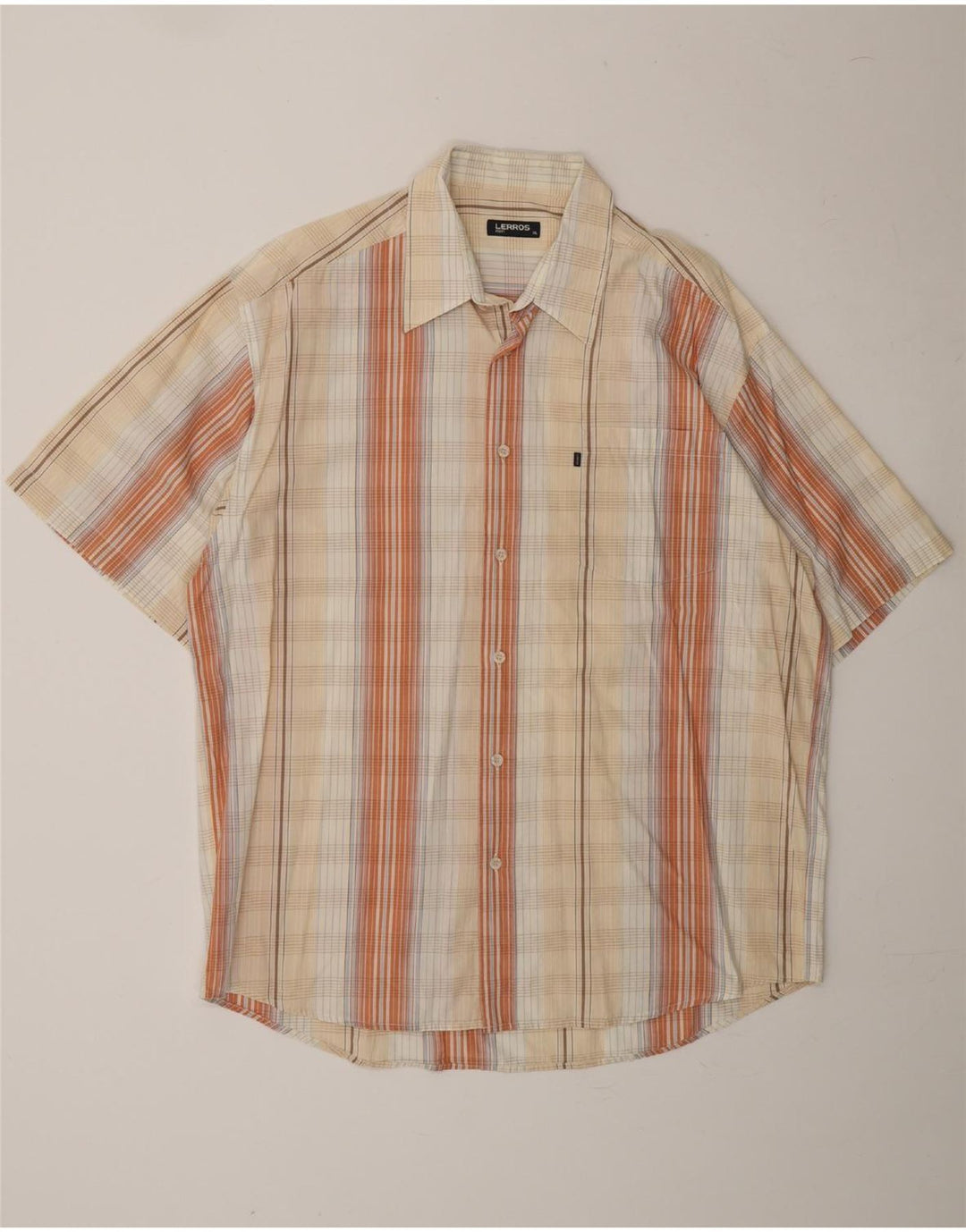 LERROS Mens Short Sleeve Shirt XL Beige Check Cotton Vintage Lerros and Second-Hand Lerros from Messina Hembry 