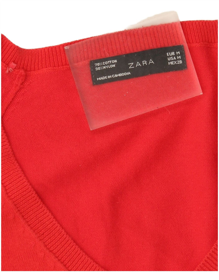 Zara Damen-Pullover mit V-Ausschnitt, UK 12, mittelrote Baumwolle