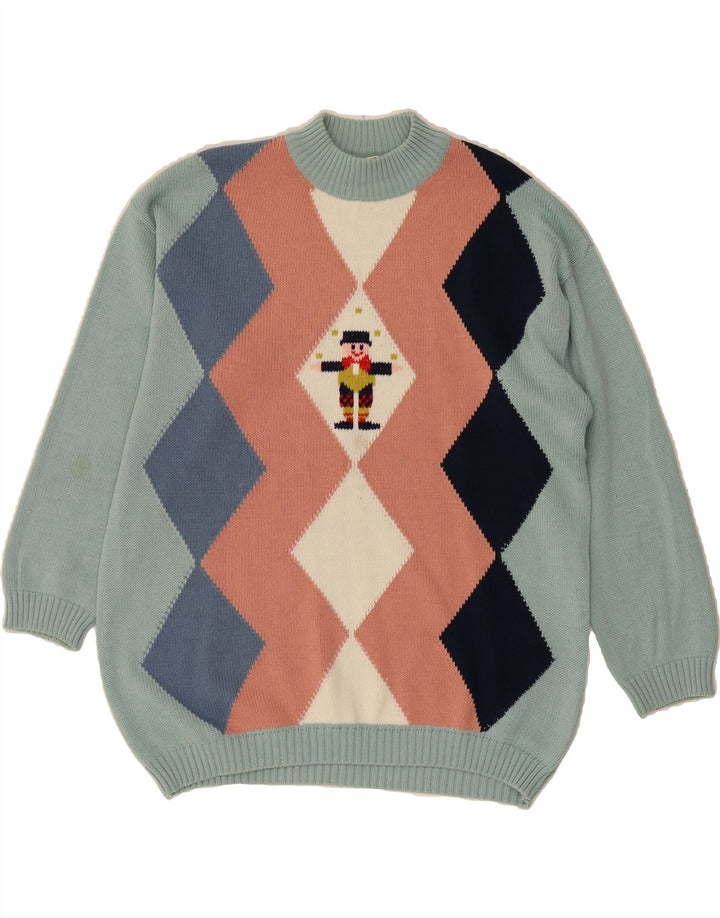 VINTAGE Mens Turtle Neck Jumper Sweater Medium Blue Argyle/Diamond Acrylic Vintage Vintage and Second-Hand Vintage from Messina Hembry 