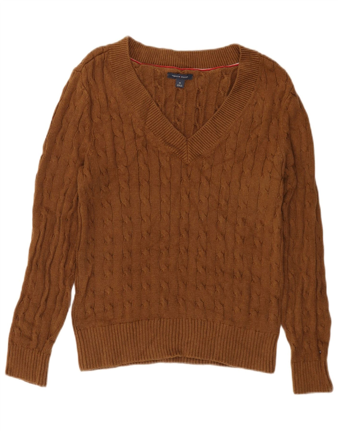 TOMMY HILFIGER Damen-Pullover mit V-Ausschnitt, UK 12, mittelbraune Baumwolle