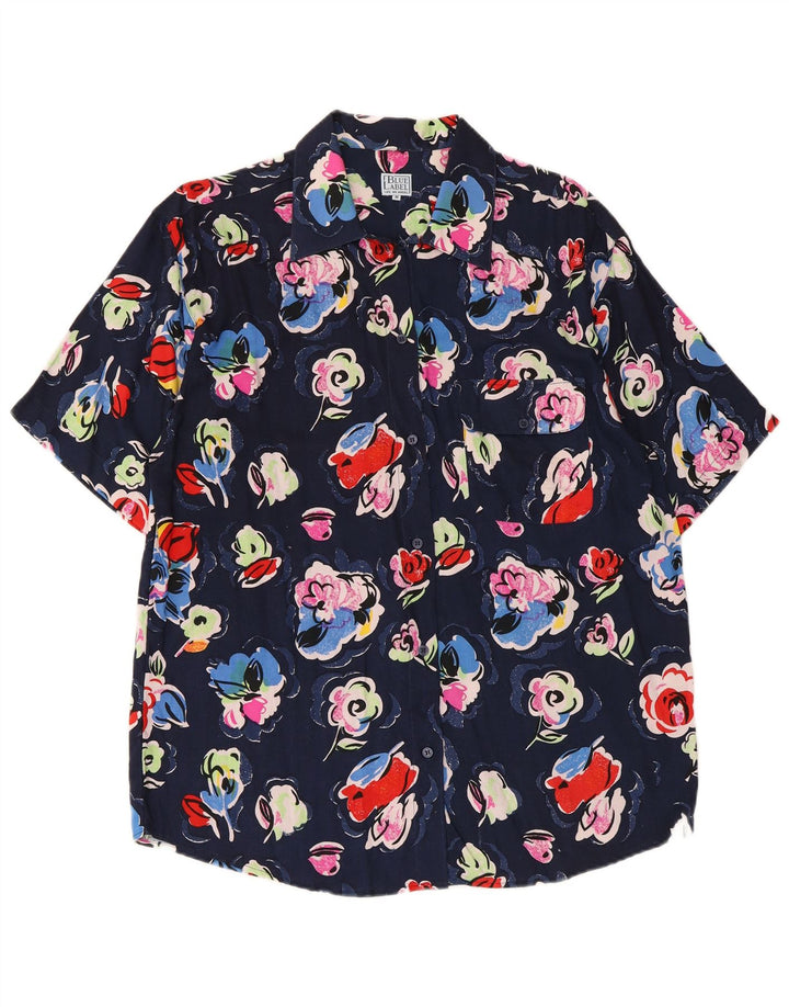 Vintage Herren Kurzarmhemd Medium Navy Blue Floral Viskose