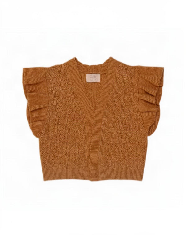 Zara Mädchen-Pullover mit kurzen Ärmeln, offener Strickjacke, 13–14 Jahre, braunes Polyester