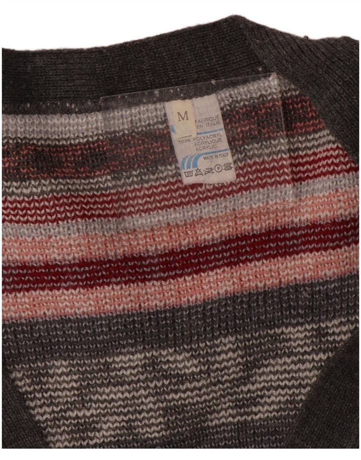 Vintage Damen Oversized Cardigan Pullover UK 14 Mittelgrau gestreift aus Acryl