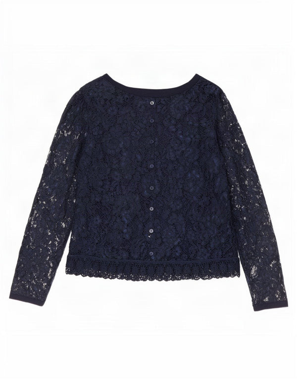 Vintage Damen Langarm-Spitzenbluse Top EU 40 Medium Navy Blue Floral
