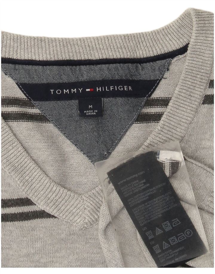 Tommy Hilfiger Herren-Pullover mit V-Ausschnitt, mittelgrau, gestreift, Baumwolle