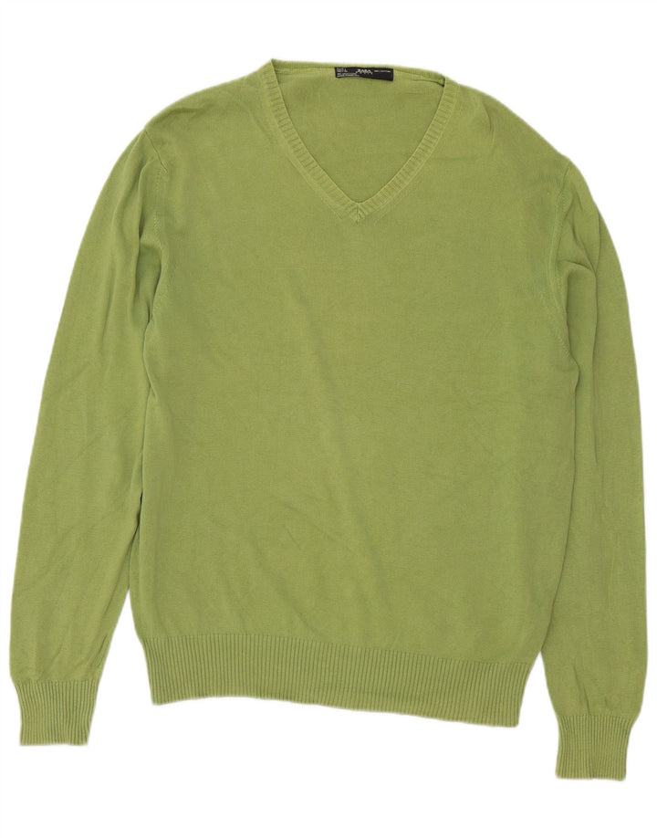 Zara Herren-Pullover mit V-Ausschnitt, groß, grüne Baumwolle