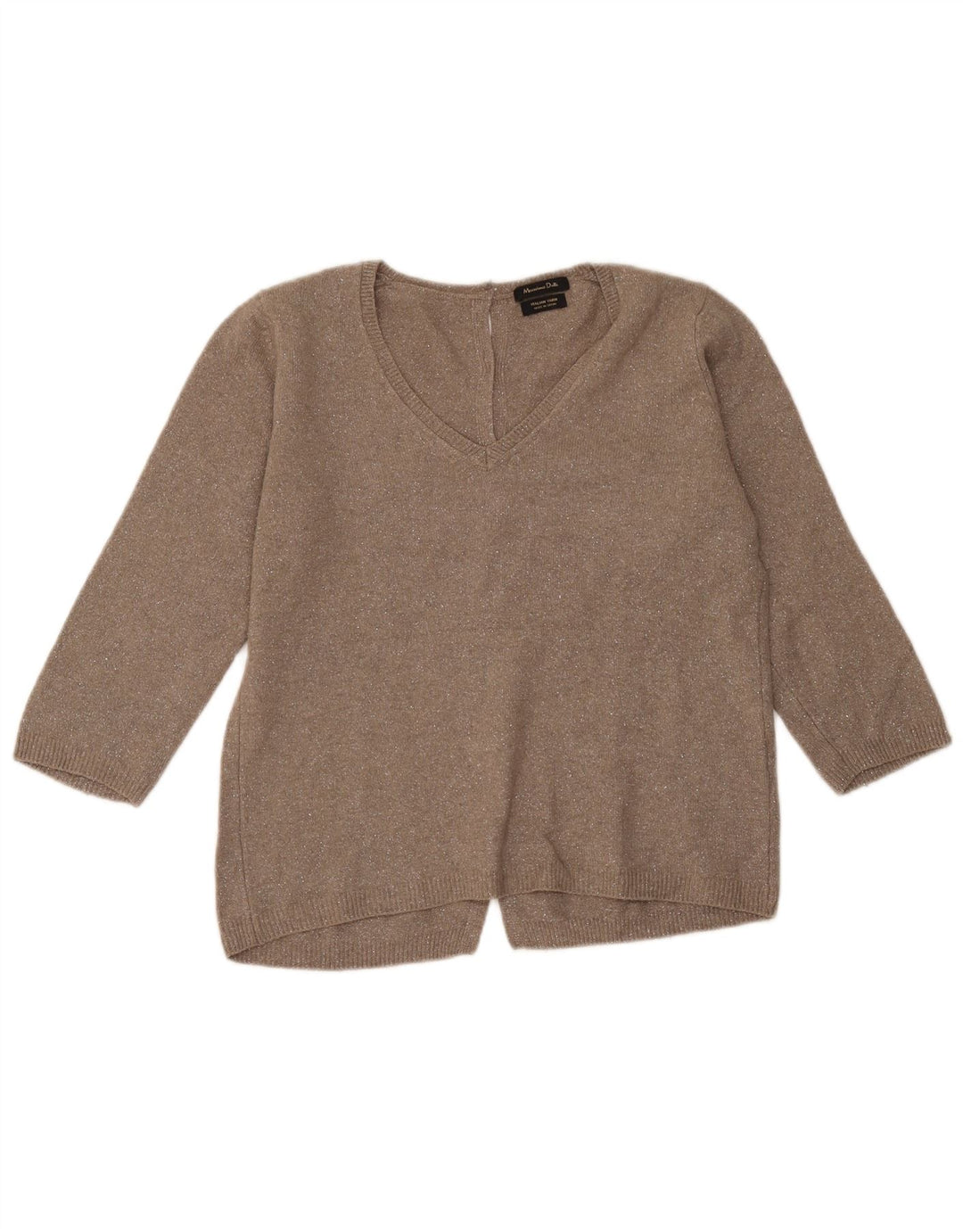 Massimo Dutti Damen-Pullover mit 3/4-Ärmeln und V-Ausschnitt, Größe UK 14, Mittelbraun