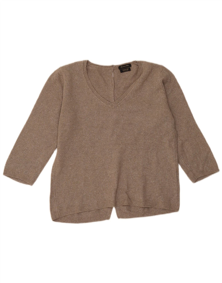 Massimo Dutti Damen-Pullover mit 3/4-Ärmeln und V-Ausschnitt, Größe UK 14, Mittelbraun
