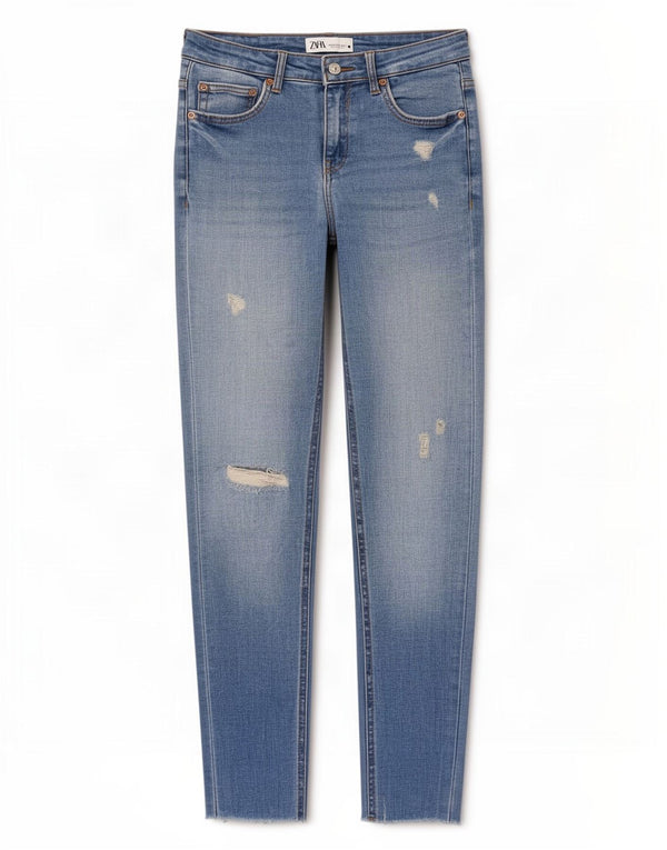 Zara Damen Distressed Crop Slim Jeans EU 38 Small W28 L25 Blau