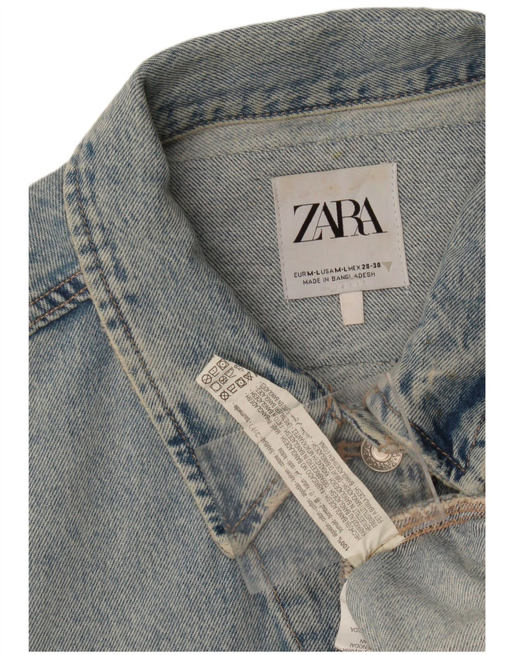 Zara Damen Jeansjacke in Distressed-Optik, übergroß, UK 14, mittelblaue Baumwolle