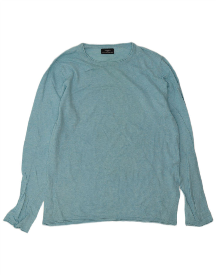 Zara Herren-Pullover mit Rundhalsausschnitt, mittelblaue Baumwolle