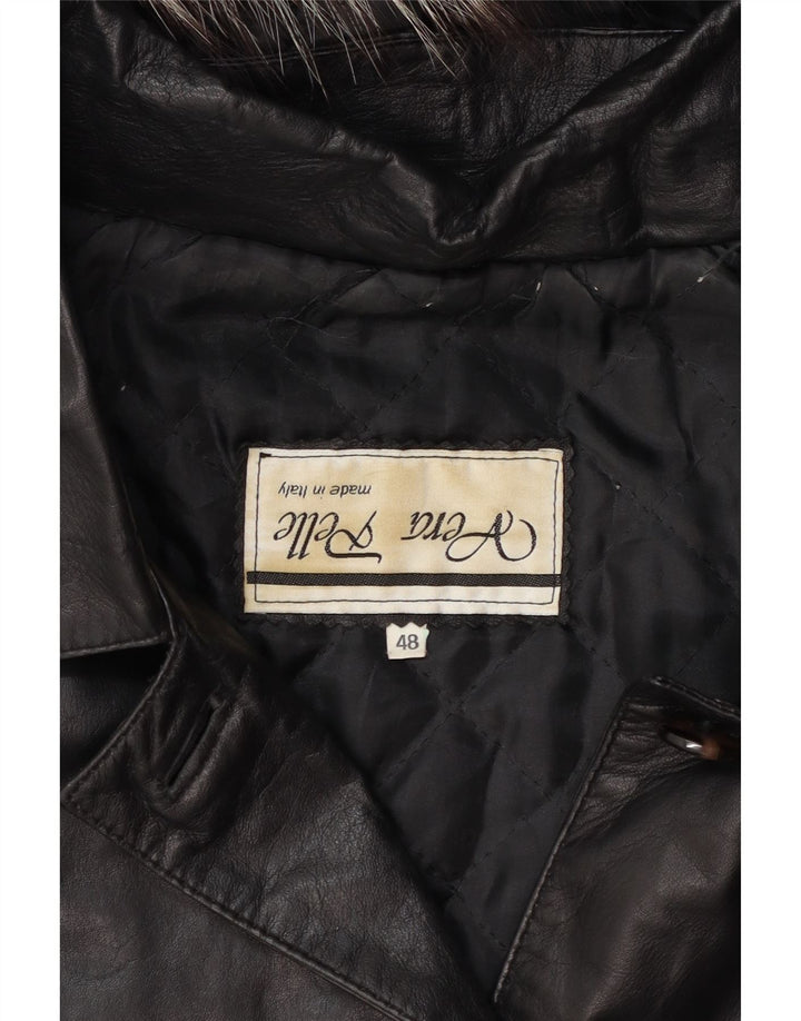 Vintage Damen Kapuzen-Übergroßer Ledermantel IT 48 XL Schwarzes Leder