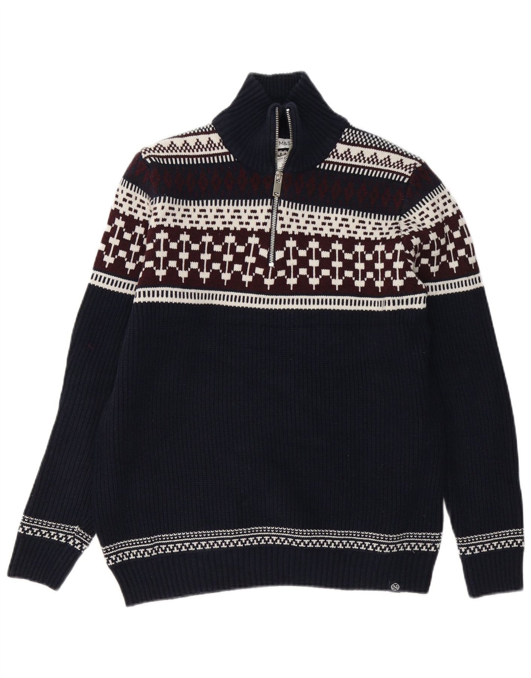 Marks & Spencer Herren-Pullover mit Reißverschluss am Hals, groß, Marineblau, Fair-Isle-Muster