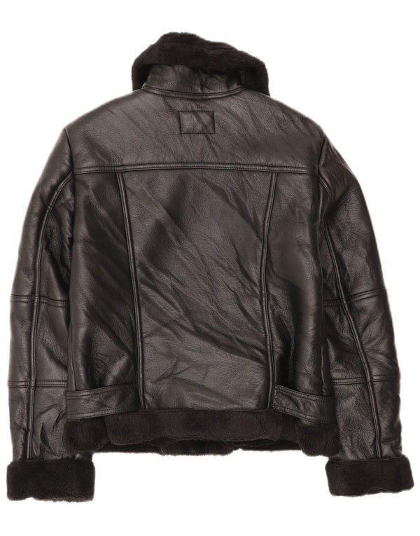 VINTAGE Damen Sherpa Kunstleder Bikerjacke UK 10 Small Schwarz