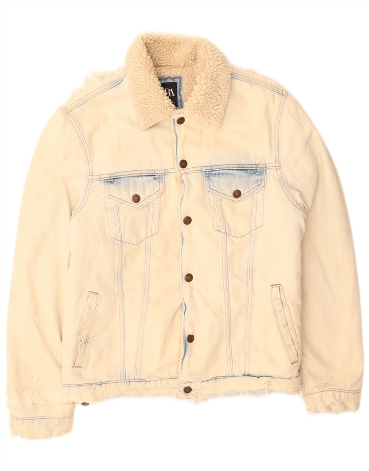 Zara Herren Sherpa Jeansjacke UK 36 Small Beige Baumwolle
