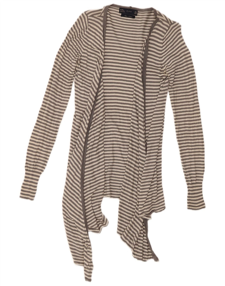 Zara Damen Longline Asymmetric Cardigan Pullover UK 12 Mittelgrau gestreift