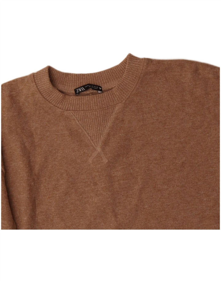 ZARA Damen Crop Crew Neck Pullover Pullover UK 14 Medium Beige Polyester