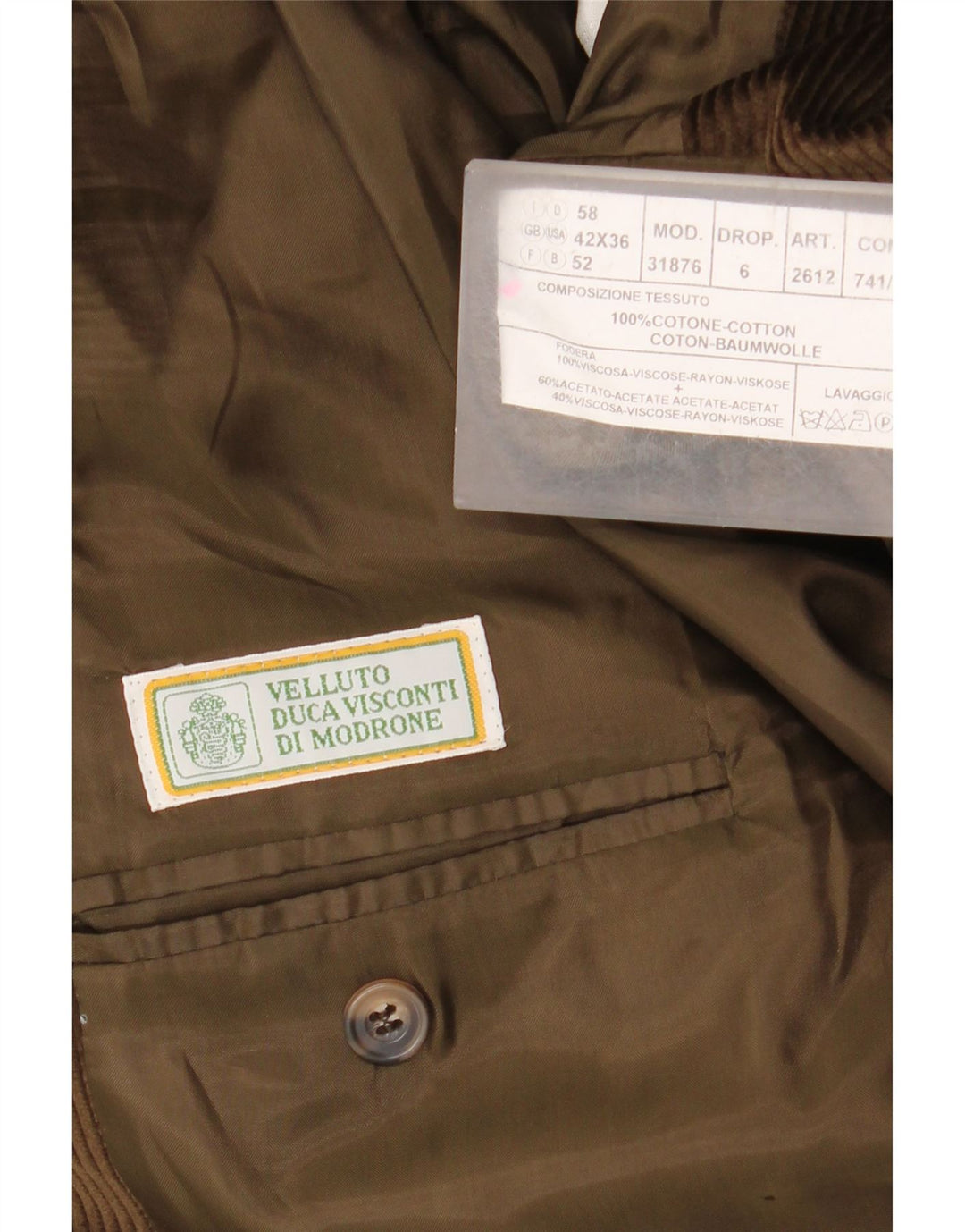 Velluto Duca Visconti Herren 3-Knopf-Cord-Blazerjacke UK 42 XL Khaki