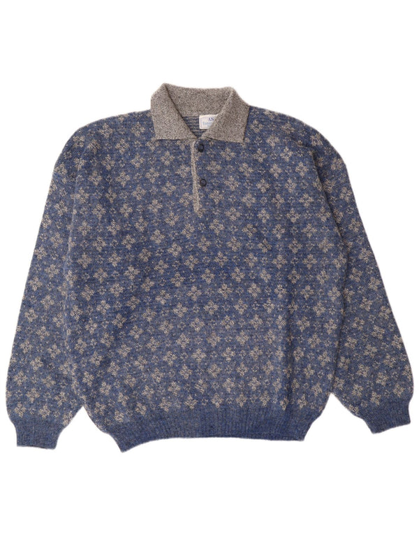 Umberto Severi Mens Polo Neck Jumper Sweater IT 52 Large Blue Floral