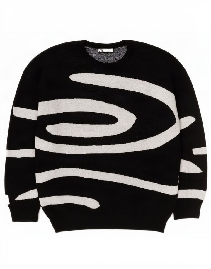 Zara Herren-Pullover mit abstraktem Muster und Rundhalsausschnitt, groß, aus schwarzer Baumwolle