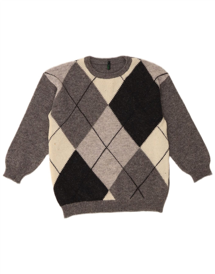 Benetton Damen-Pullover mit Rundhalsausschnitt, Gr. 10, Größe S, Grau Argyle/Diamant