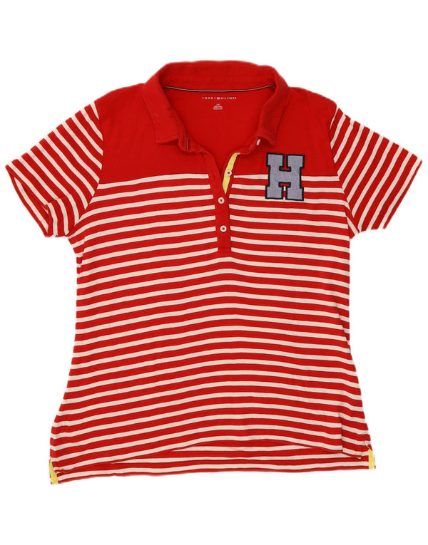 Tommy Hilfiger Damen-Poloshirt mit Grafik, UK 14, groß, rot gestreift, Baumwolle