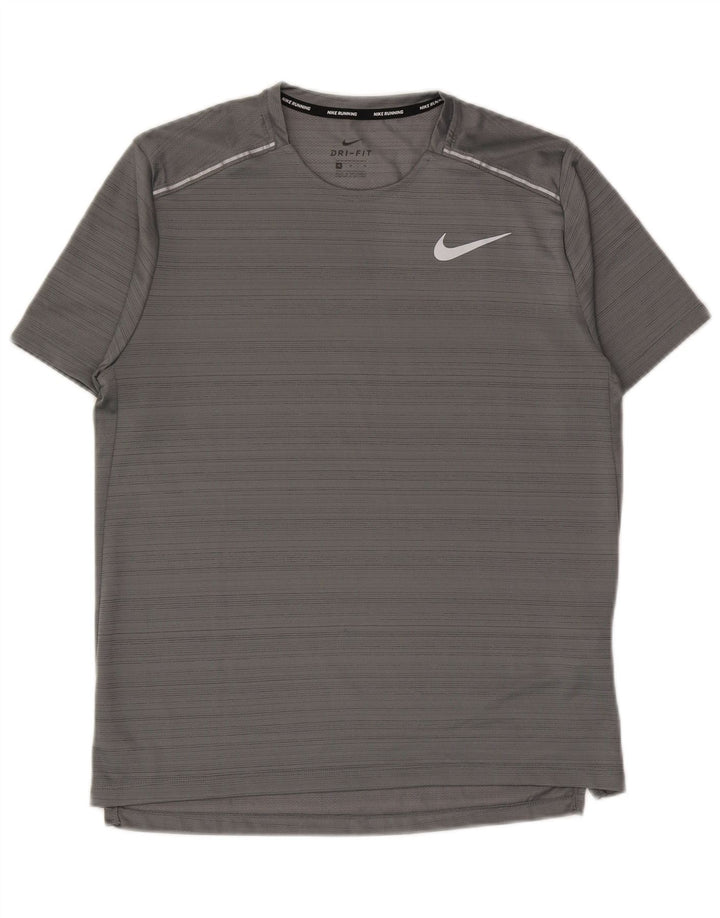 Nike Herren Dri Fit T-Shirt-Oberteil aus mittelgrau gestreiftem Polyester