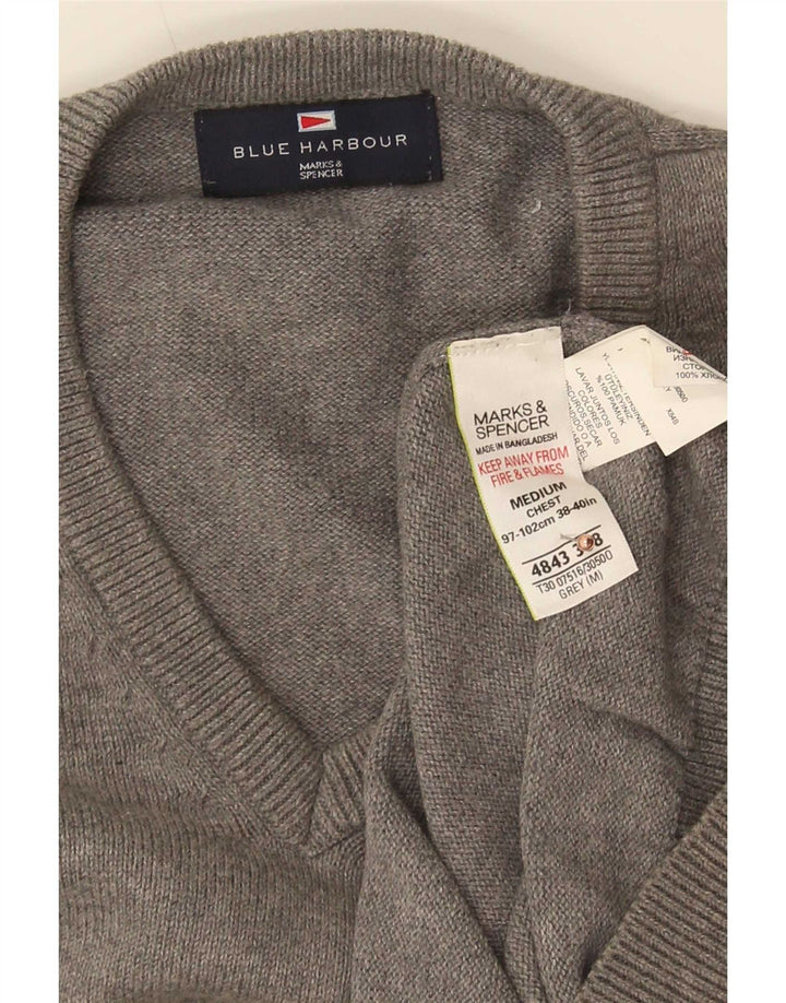 Marks & Spencer Herren Blauer Harbour-Pullover mit V-Ausschnitt aus mittelgrauer Baumwolle