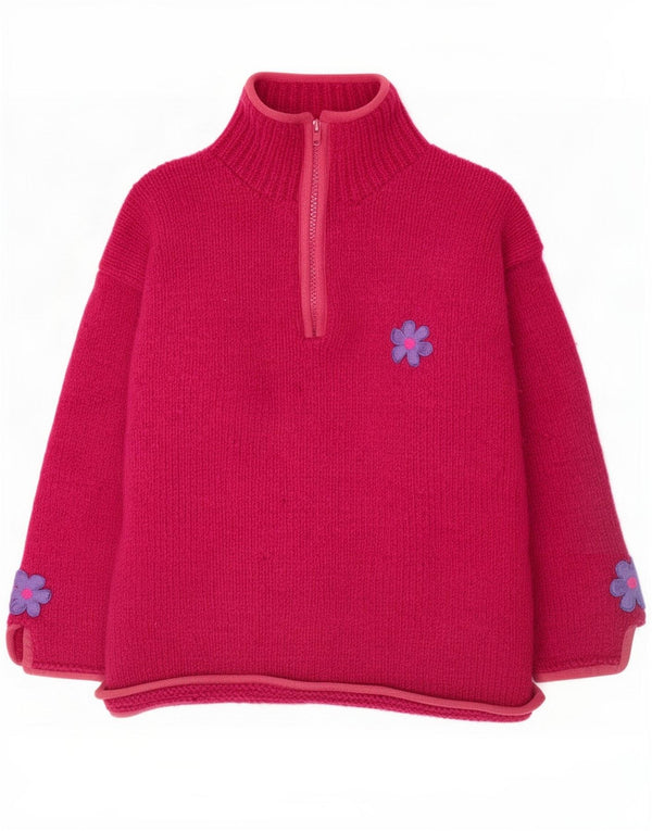 Pachamama Damen Handgestrickter Pullover mit Reißverschluss am Hals UK 20 2XL Rosa Blumen