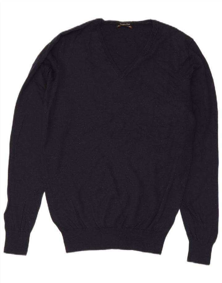 Massimo Dutti Herren-Pullover mit V-Ausschnitt, Größe L, Marineblau
