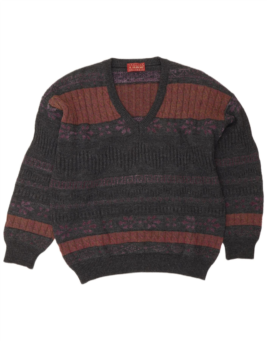 Il Granchio Herren-Pullover mit V-Ausschnitt, Größe L, Grau, Fair Isle