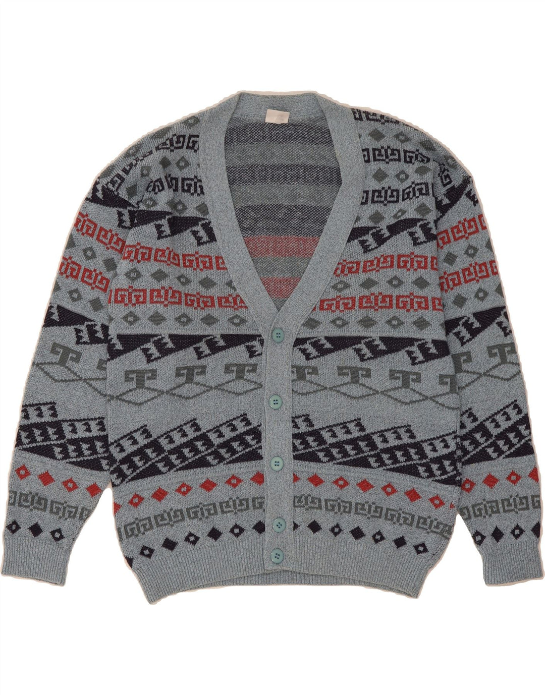 VINTAGE Mens Cardigan Sweater IT 50 Medium Blue Geometric Cotton Vintage Vintage and Second-Hand Vintage from Messina Hembry 
