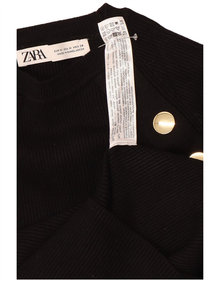 Zara Damen Crop Top Langarm UK 12 Medium Schwarz Viskose