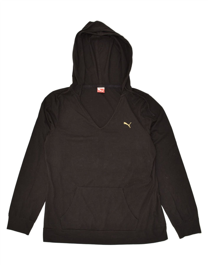 PUMA Womens Graphic Hoodie Jumper UK 12 Medium Black Polyester | Vintage Puma | Thrift | Second-Hand Puma | Used Clothing | Messina Hembry 