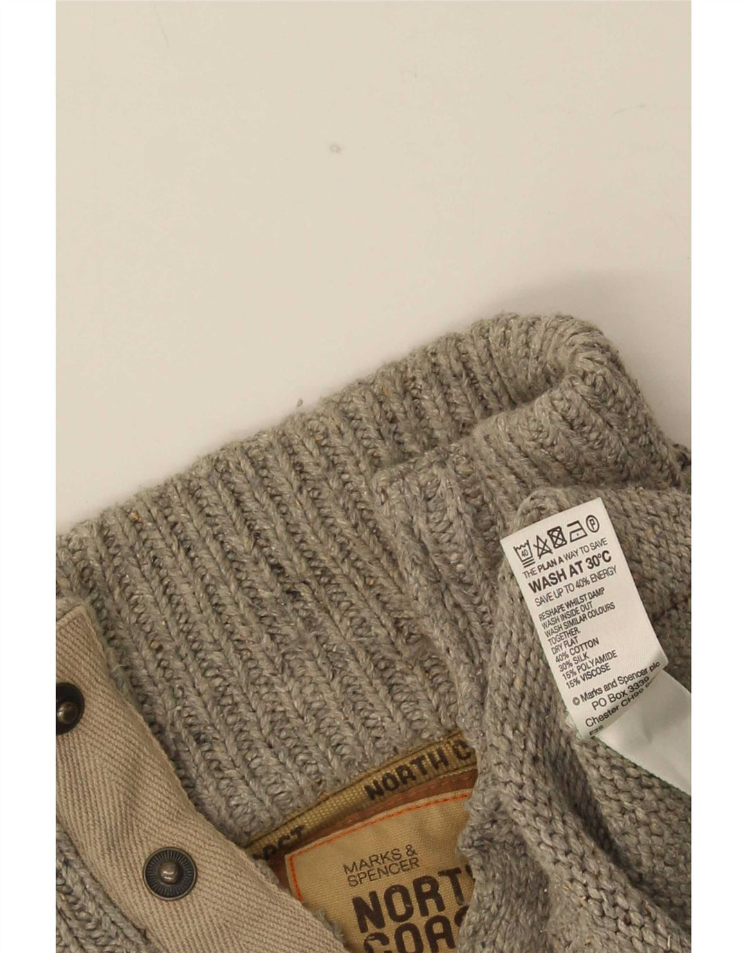 Marks & Spencer Herren-Pullover mit Knopfkragen, klein, grau gesprenkelte Baumwolle