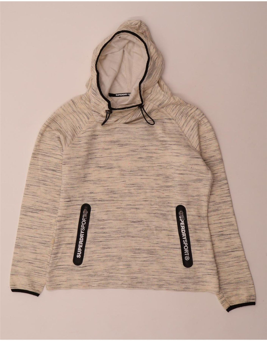 SUPERDRY Damen-Kapuzenpullover, UK-Größe 46, Größe L, cremefarbene gesprenkelte Baumwolle