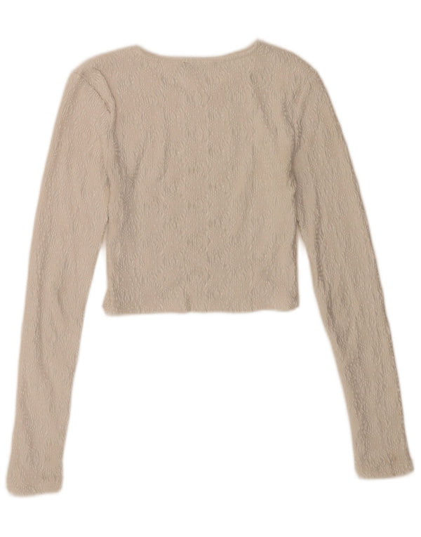 Zara Damen Crop Langarmbluse Top UK 8 Small Off White Geometrisch