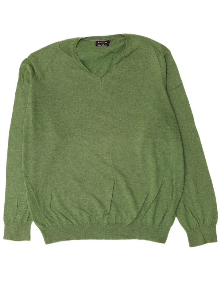 Massimo Dutti Herren-Pullover mit V-Ausschnitt, XL, grüne Baumwolle