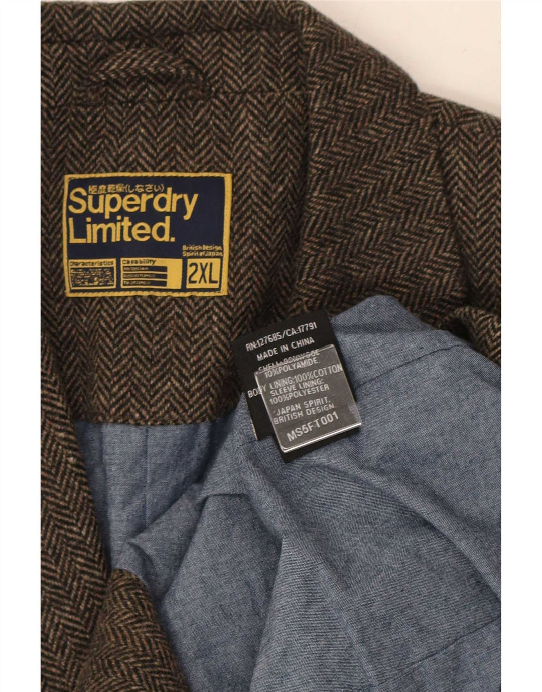 Superdry Herren-Blazer mit 2 Knöpfen, UK 44, 2XL, braune Baumwolle mit Fischgrätenmuster