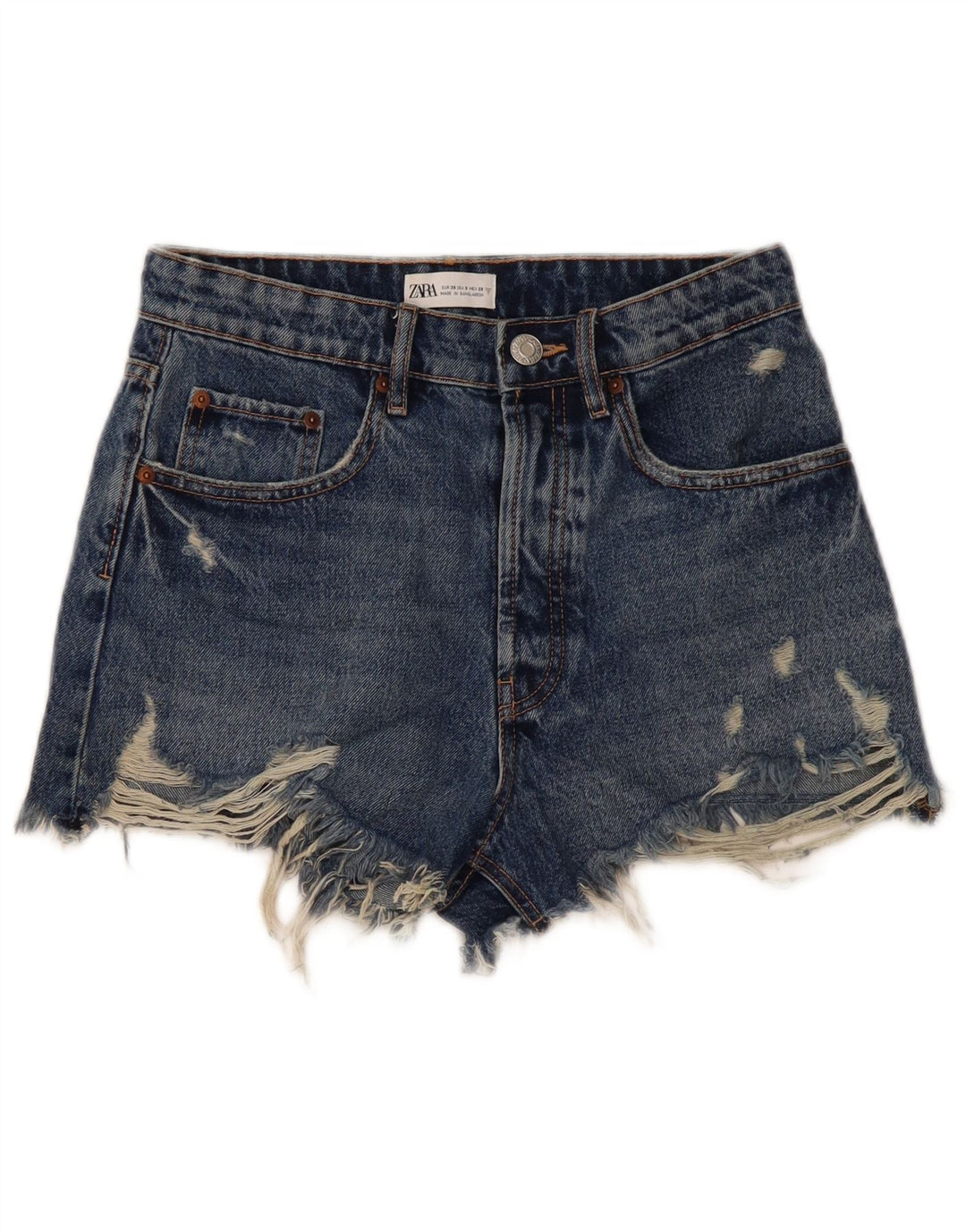Zara Damen Distressed Denim Shorts EU 38 Small W28 Blau