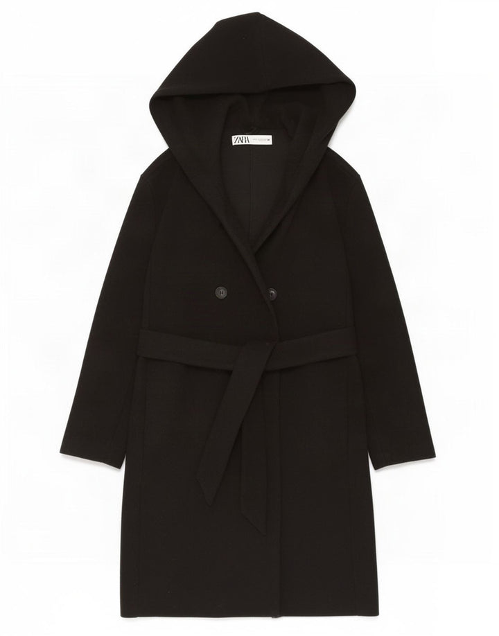 Zara Damen-Übergroßer Zweireiher-Mantel mit Kapuze, UK 6, XS, Schwarz, Polyester