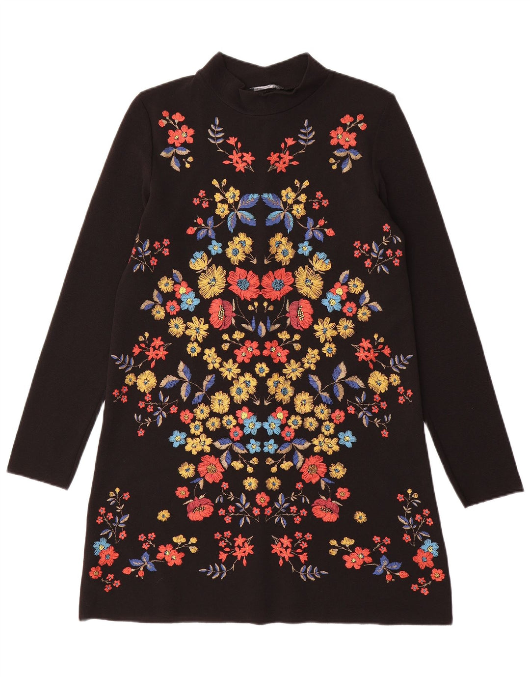 Zara Damen-Etuikleid mit langen Ärmeln, Gr. 10, Größe S, Schwarz, Blumenmuster, Polyester